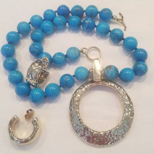 Simon Sebbag Turquoise Pendant Necklace with Coordinating Gold Earrings